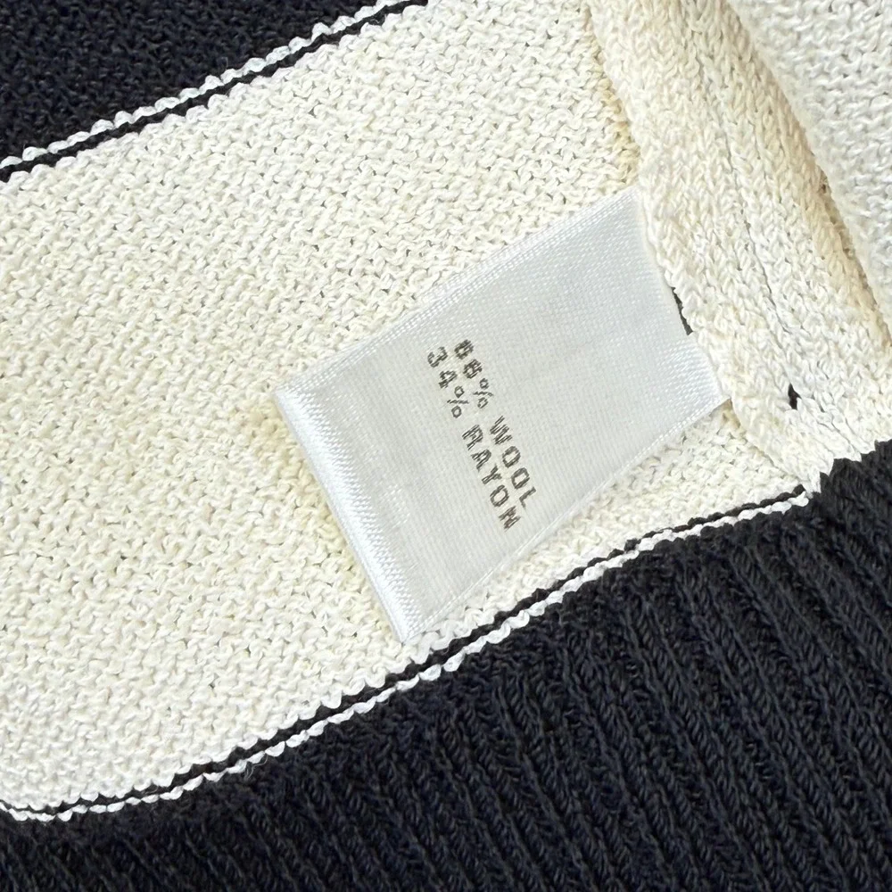 St John Wool Rayon Full Zip Mock‎ Neck Geometric Sweater Black Tan Medium READ